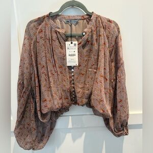 Zara Paisley Button-Front Blouse in Dusty Mauve and Rust